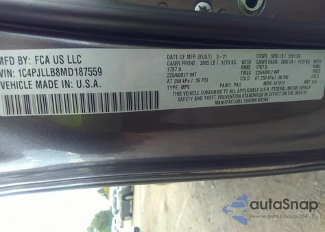 2021 Jeep Cherokee Latitude Plus Fwd z USA, uszkodzony, nr VIN 1C4PJLLB8MD187559